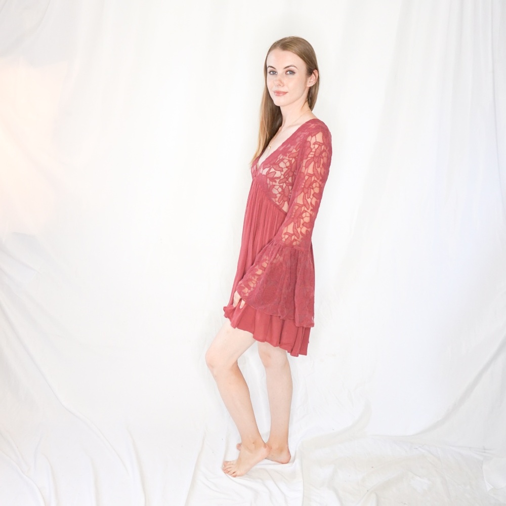 FREE PEOPLE Red Floral Lace Knit Tunic Dress Bell - Picture 5 of 7